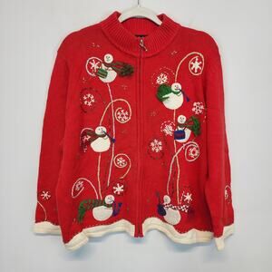 Vtg Designers Originals Studio Womens XL Ugly Christmas Sweater Red Beaded Zip